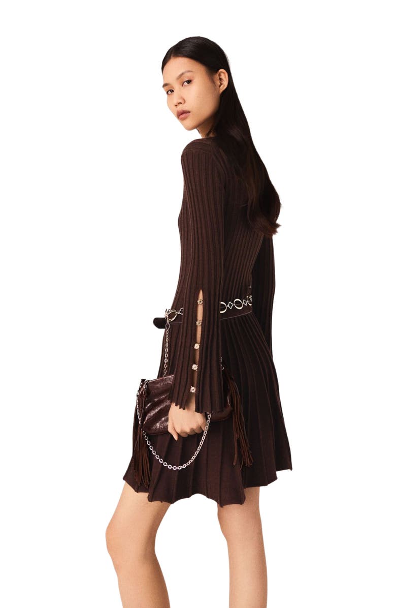 maje High-neck mini skater dress, Alternate, color, Dark Brown