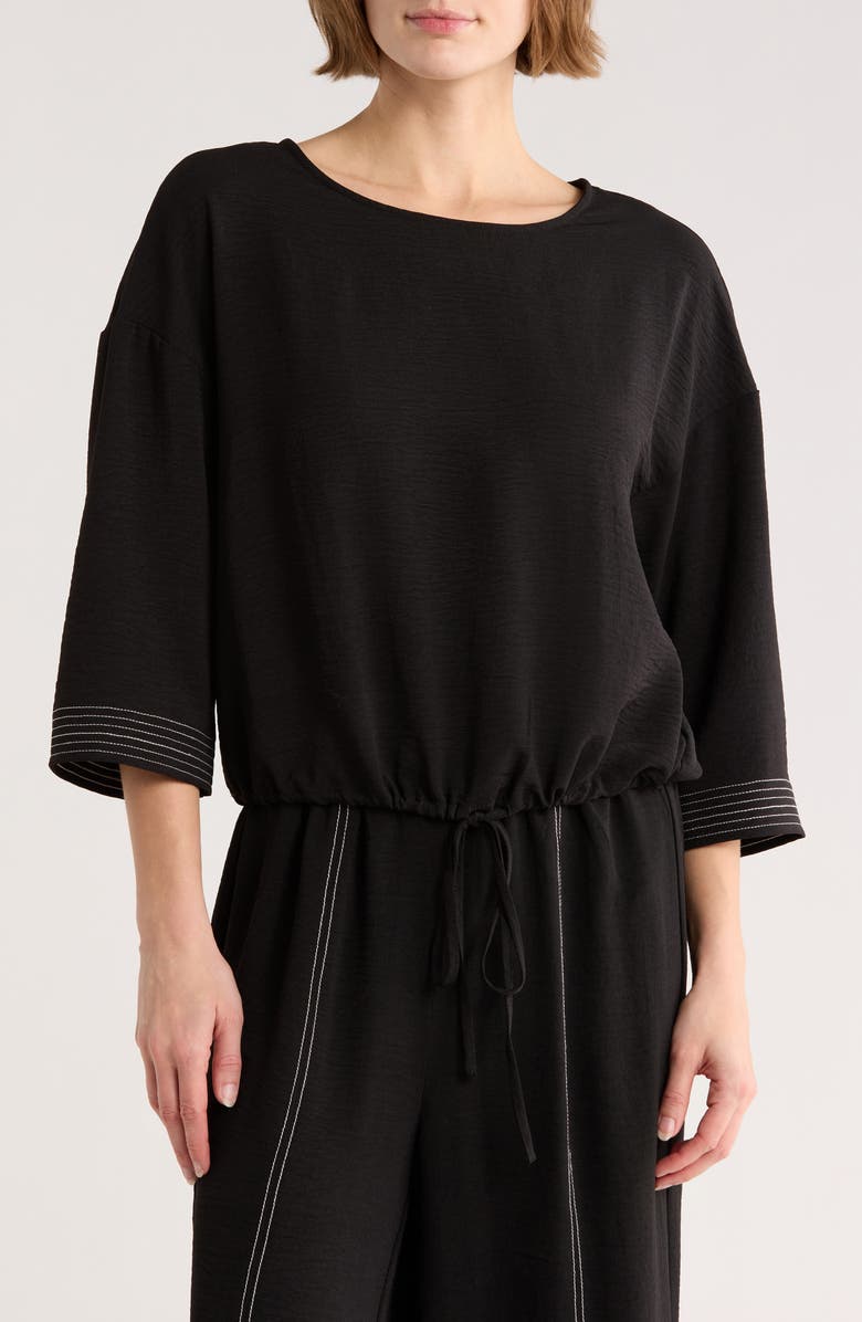 Adrianna Papell Tie Waist Drop Shoulder Top, Main, color, Black/ Ivory