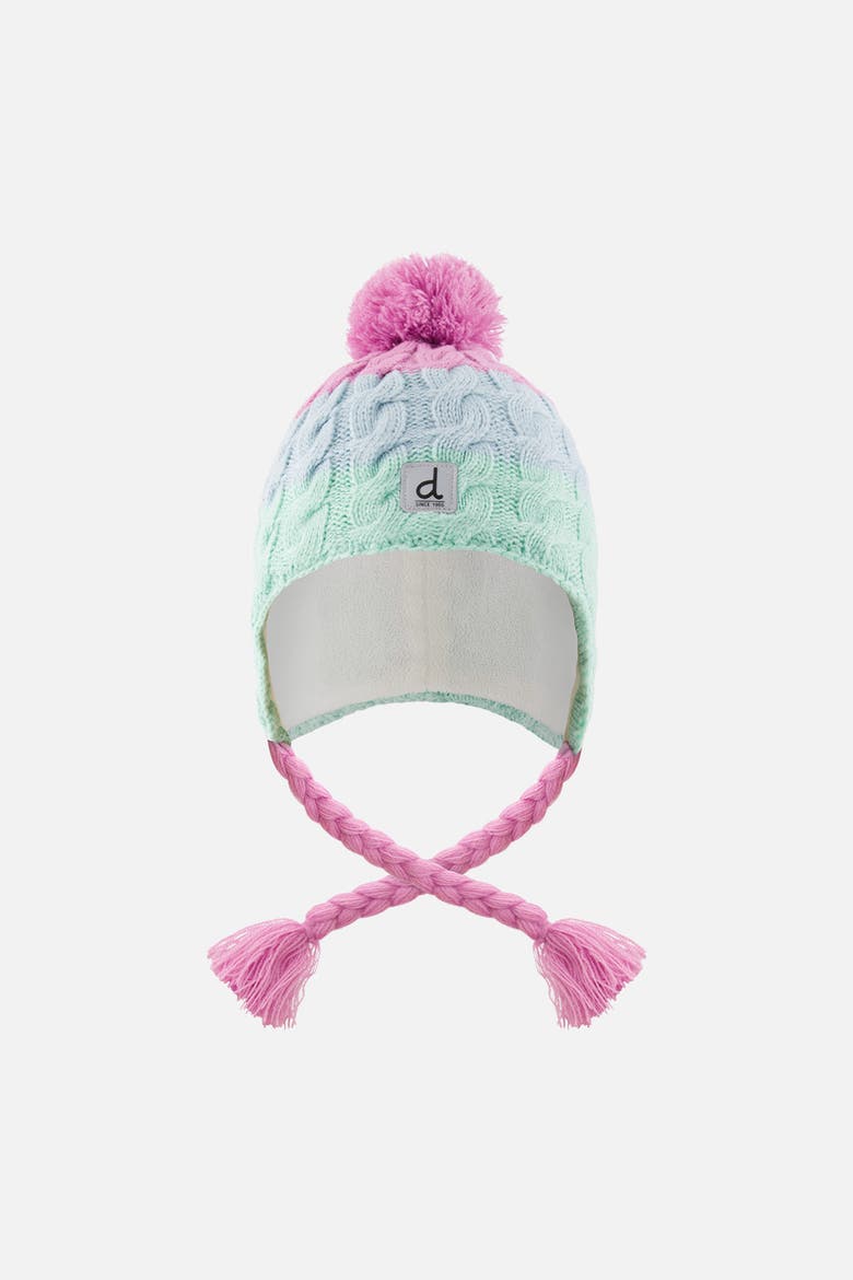 Winter Peruvian Colorblock Cable Pompom Earflap Knit Hat, Main, color, Mint Green, Blue & Pinkish