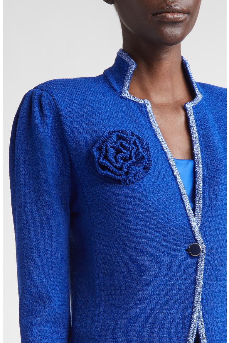 Betsey Rosette Embellished Legacy Crepe Knit Jacket, Alternate, color, COBALT/ SOFT BLUE MULTI