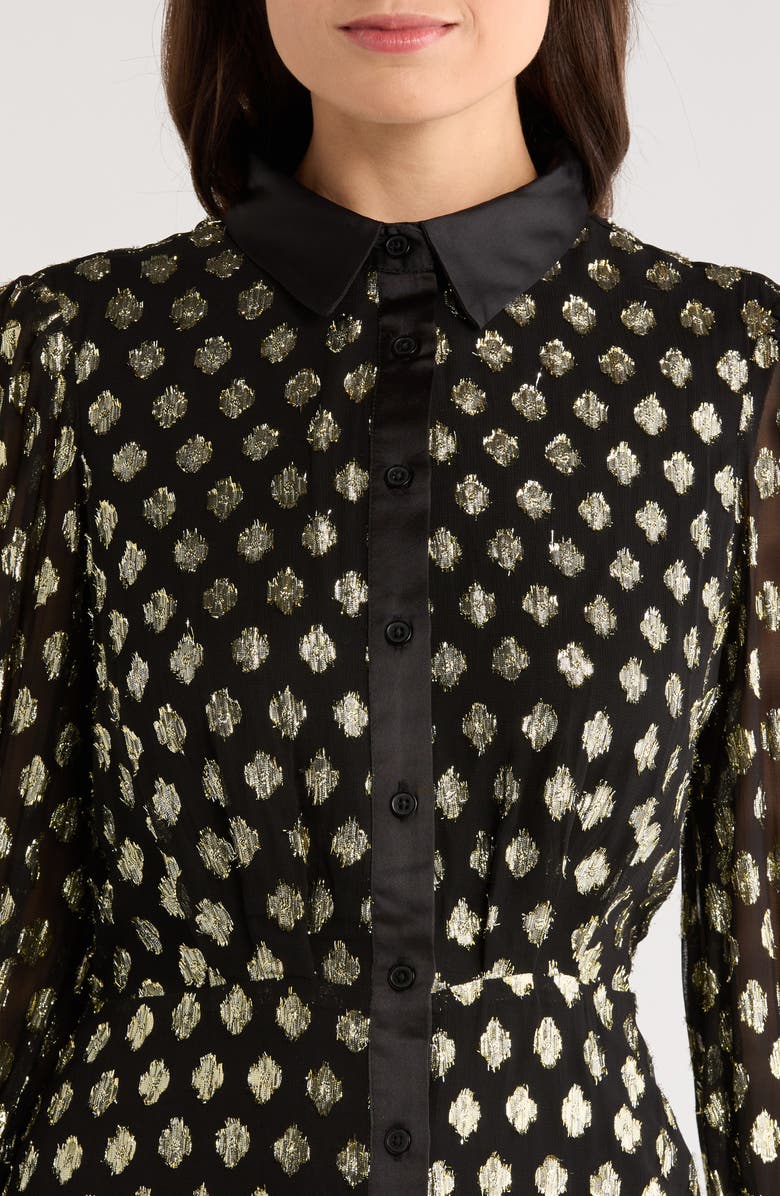 Halogen<sup>®</sup> Foil Dot Empire Waist Long Sleeve Shirtdress, Alternate, color, Rich Black/ Bright Gold