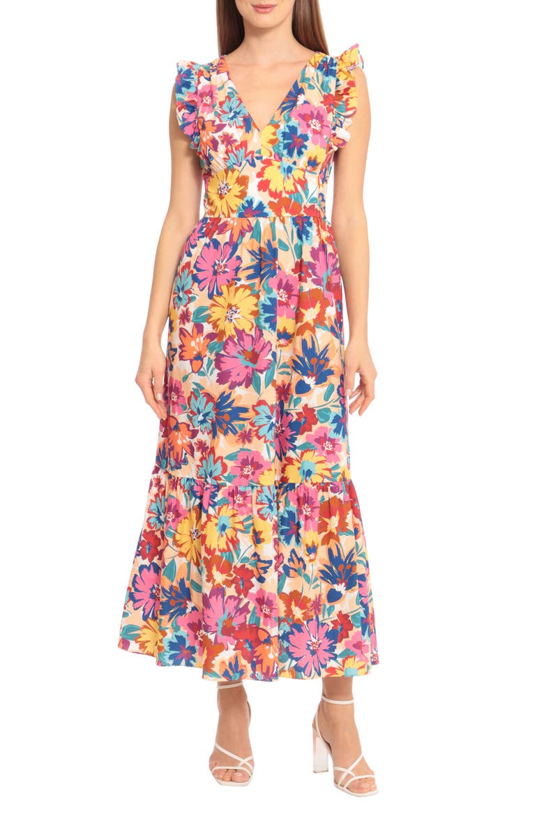 V-Neck Ruffle Sleeve Floral Print Stretch Cotton Maxi Dress, Main, color, SOFT WHITE/ HOT PINK