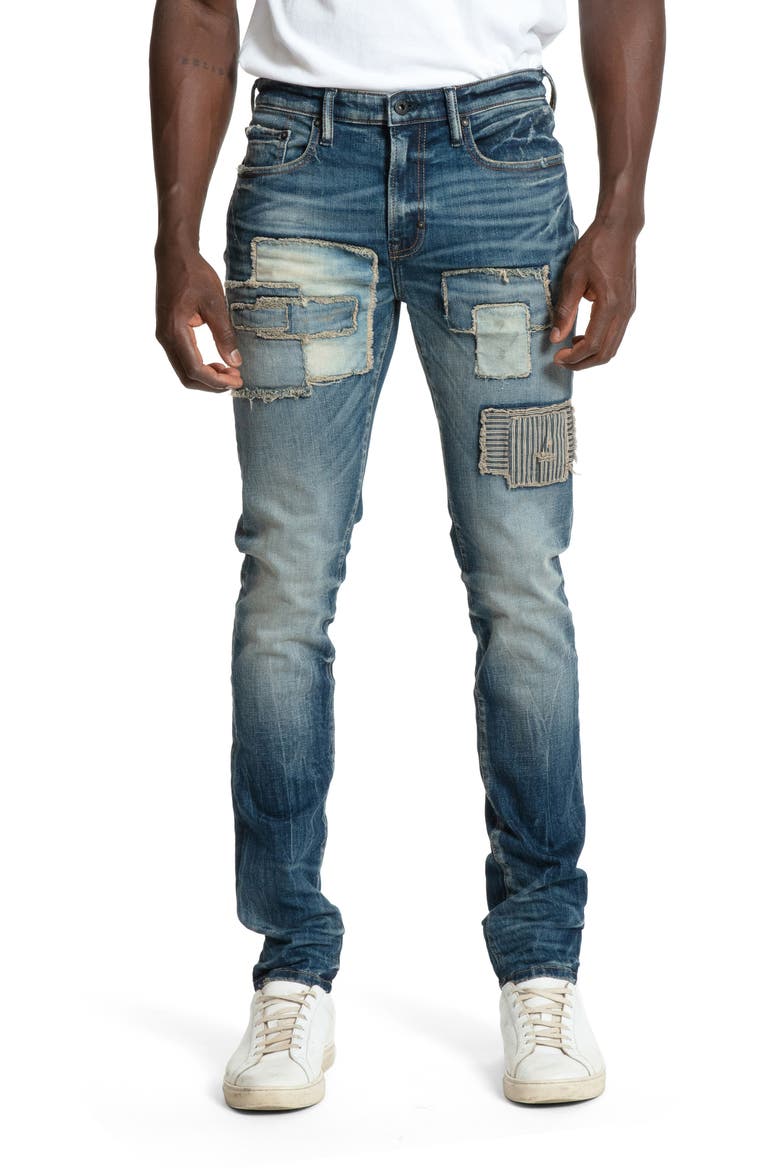 Sacred Patchwork Distressed Stretch Tapered Skinny Jeans, Main, color, INDIGO
