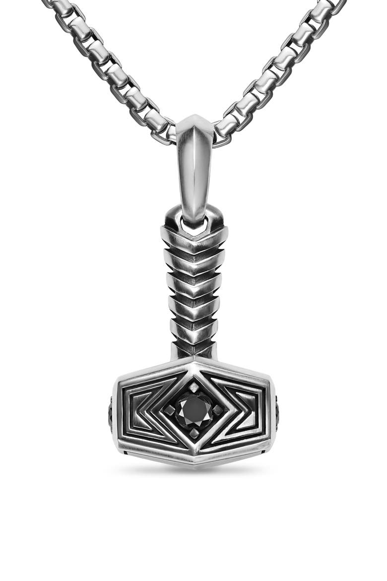 Thor Hammer Amulet in Sterling Silver with Black Diamonds, 25mm, Alternate, color, SILVER PAVE