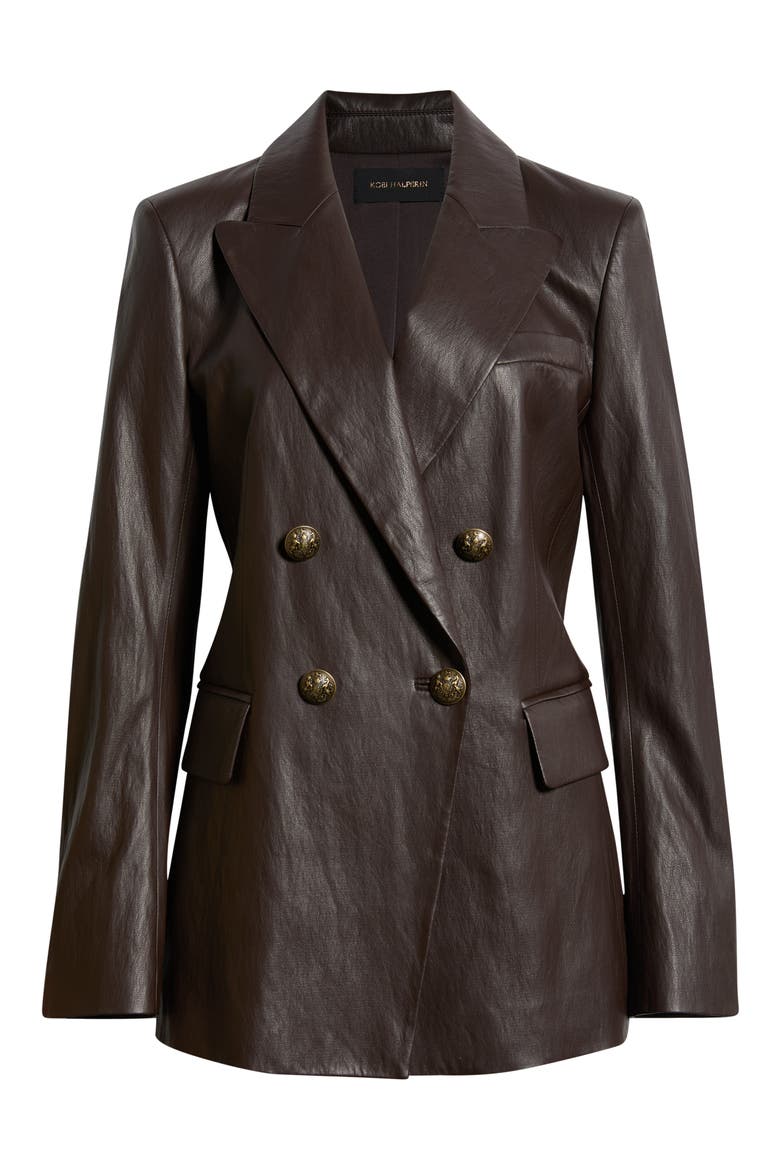 Alyson Faux Leather Double Breasted Blazer, Alternate, color, DARK BROWN