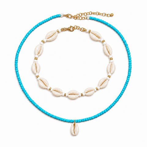 Two-Piece Genuine Cowrie Shell and Beaded Pendant Necklace Set
