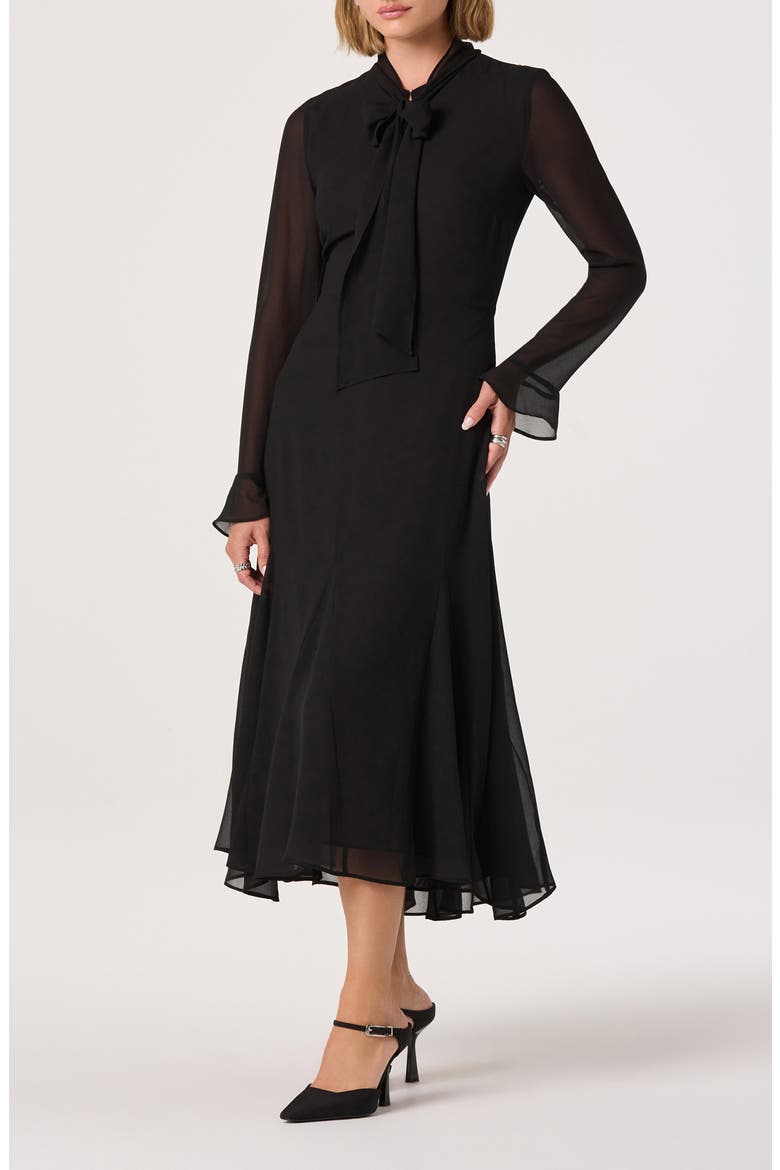 Tie Neck Long Sleeve Dress, Alternate, color, BLACK