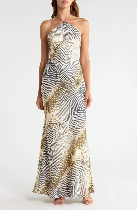 Luna Animal Print Satin Halter Gown