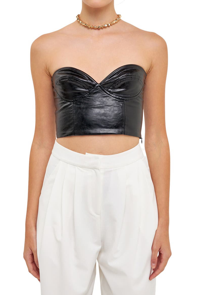 Strapless Faux Leather Bustier Crop Top, Alternate, color, BLACK
