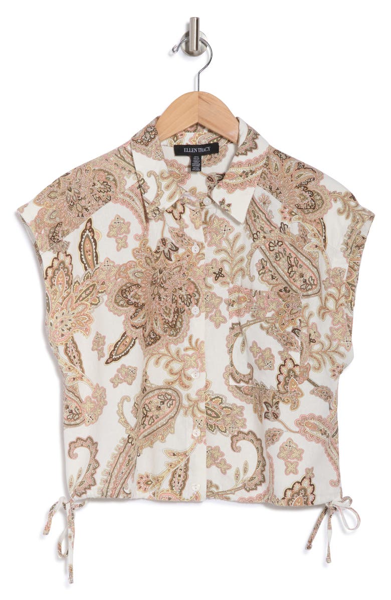Ellen Tracy Drawstring Hem Camp Shirt, Alternate, color, Ivory Multi Paisley