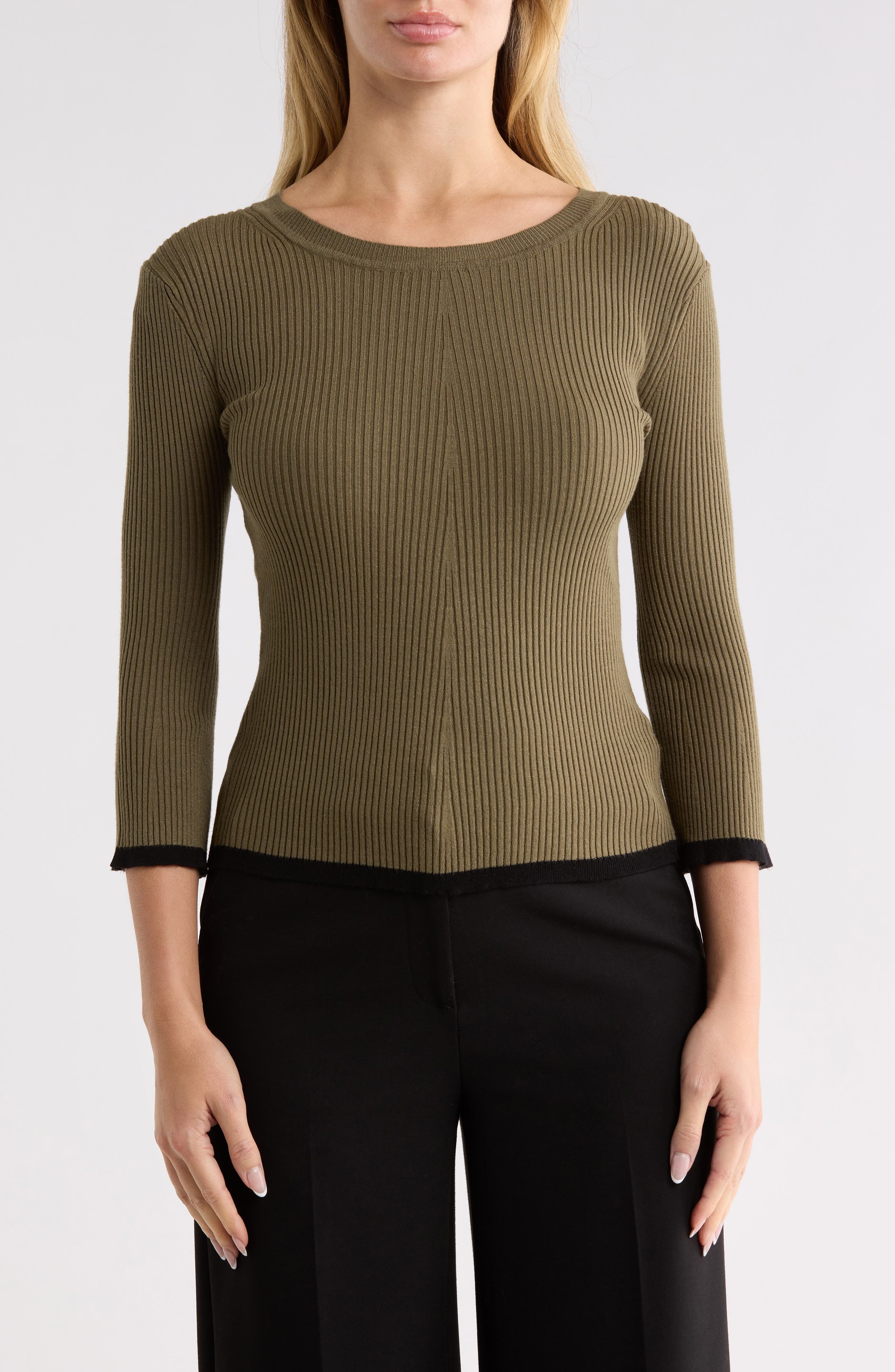 Piping Trim Ribbed Crewneck Sweater