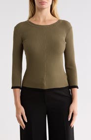 T Tahari Piping Trim Ribbed Crewneck Sweater