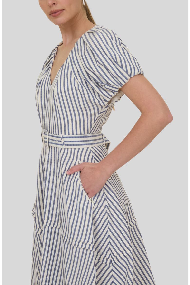 Stripe Puff Sleeve Flare Midi Dress, Alternate, color, NAVY STRIPE