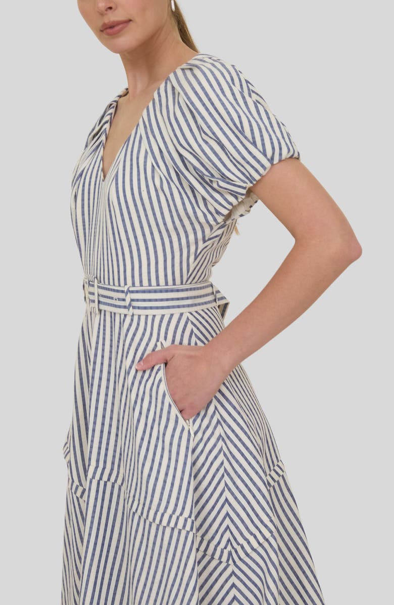 ZOE AND CLAIRE Stripe Puff Sleeve Flare Midi Dress, Alternate, color, Navy Stripe