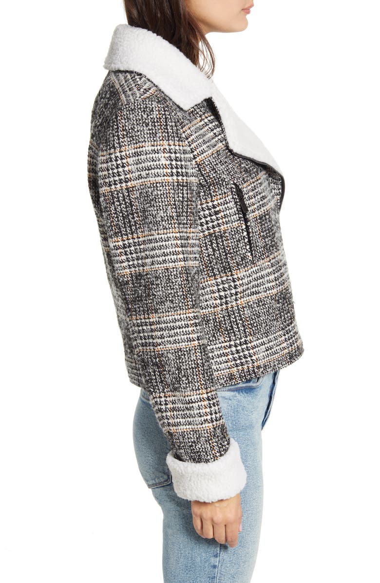 Maralyn & Me Faux Shearling Plaid Moto Jacket, Alternate, color, 