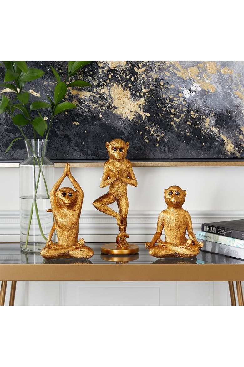 Goldtone Polystone Eclectic Monkey Sculpture - Set of 3, Alternate, color, GOLD