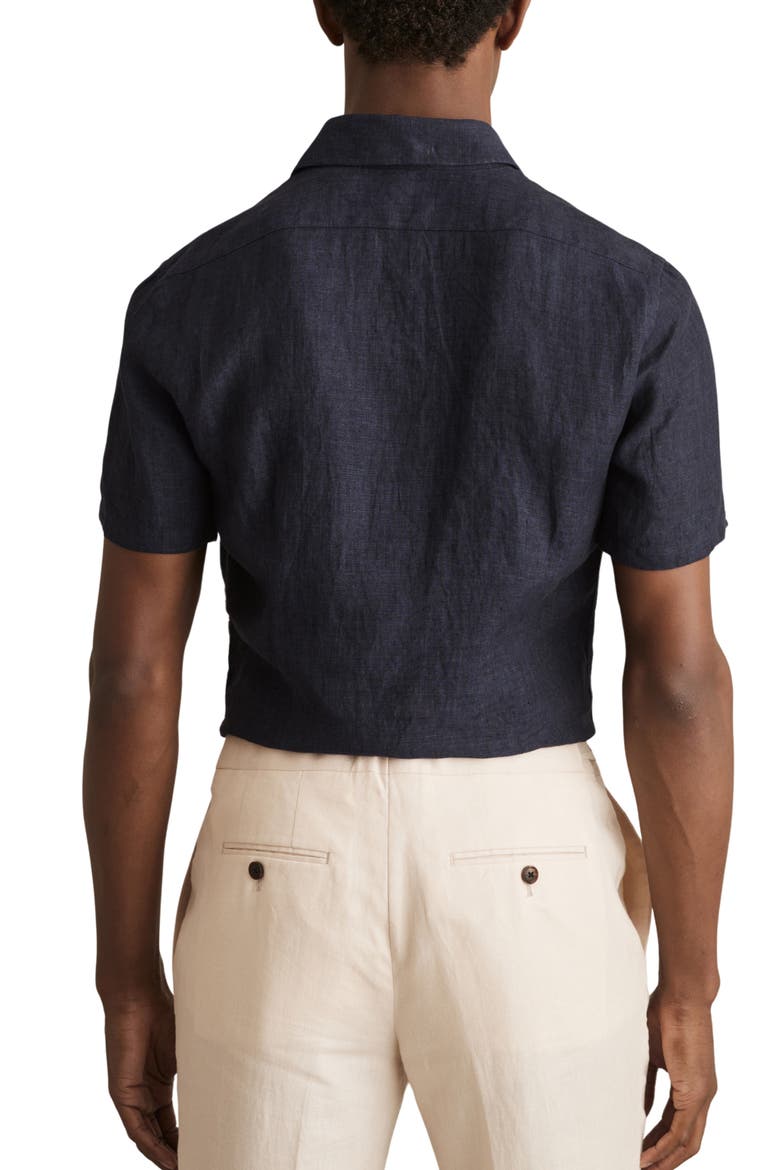 Holiday Short Sleeve Linen Button-Up Shirt, Alternate, color, NAVY