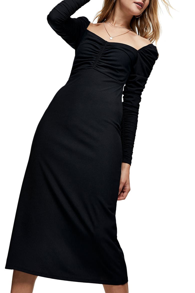 Ruched Long Sleeve Midi Dress, Main, color, BLACK