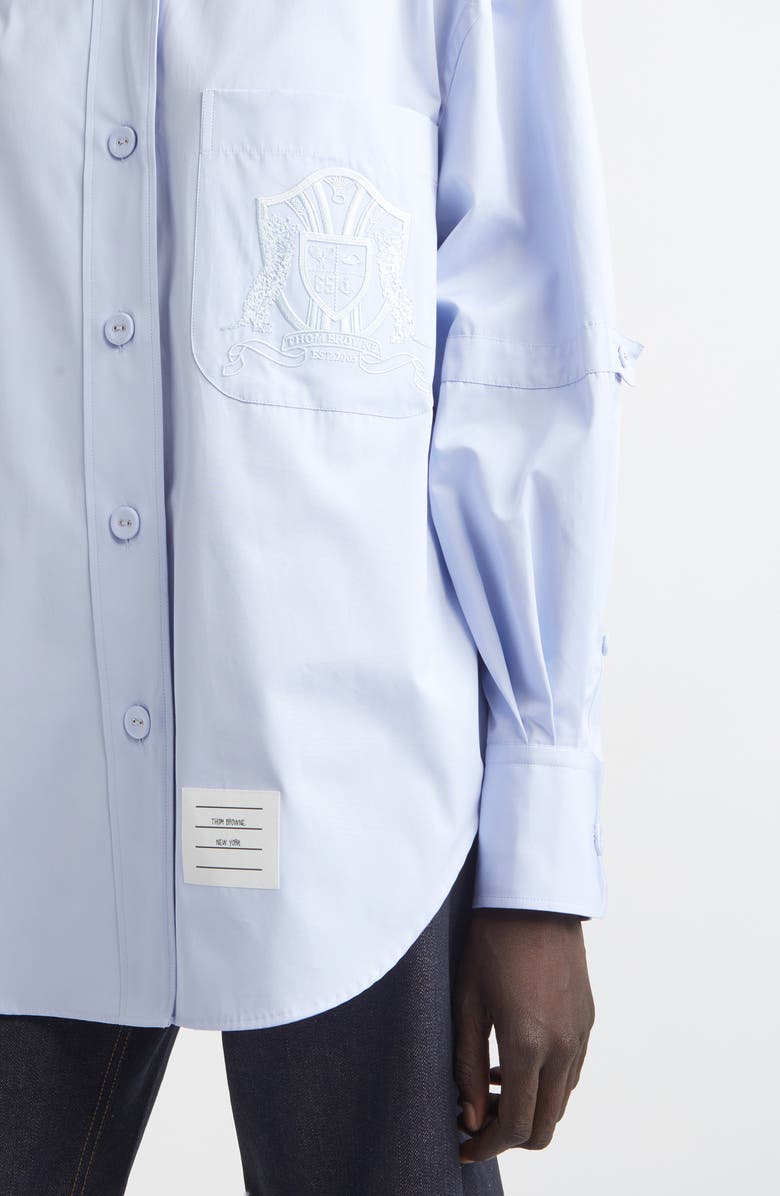 Thom Browne Crest Embroidered Oversize Cotton Poplin Button-Down Shirt, Alternate, color, Light Blue