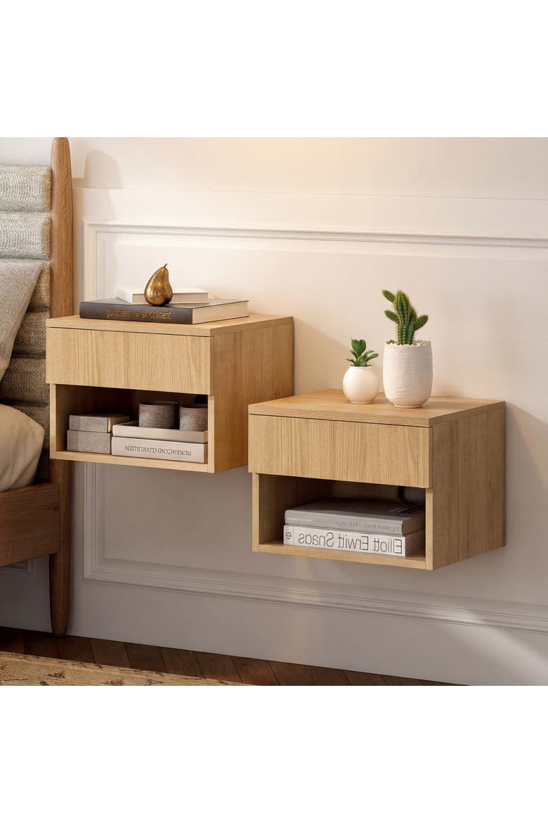 Ettore Modern Floating Nightstand, Wall-Mounted Bedside Table with 1-Drawer Open Cubby Storage Space for Bedroom, Main, color, Light Oak -(Set of 2)