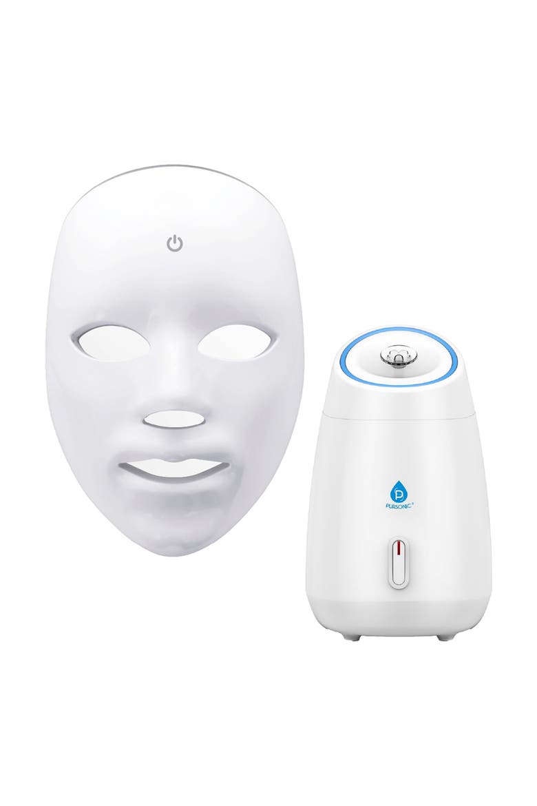 7-in-1 LED Light Therapy Face Mask & Facial Steamer Hot Mist Moisturizing Spa Bundle, Main, color, White