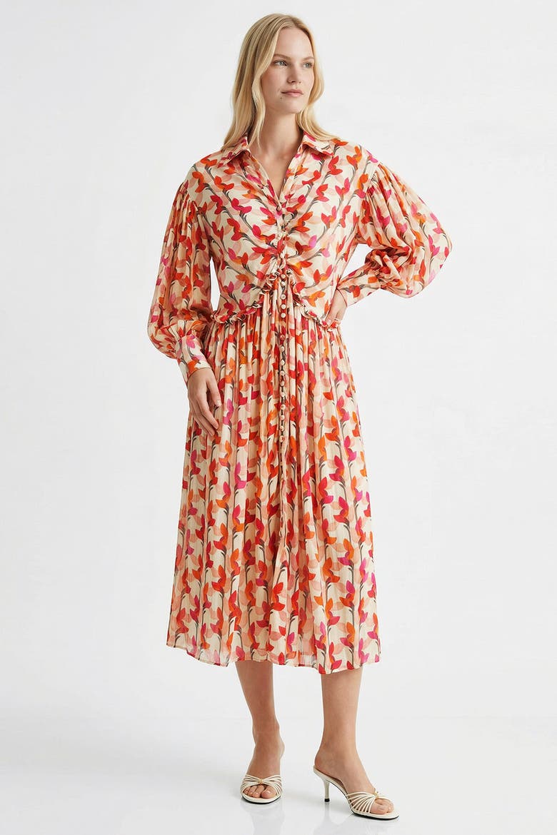 Long Sleeve Patterned Midi Shirt Dress, Main, color, MULTICOLOR