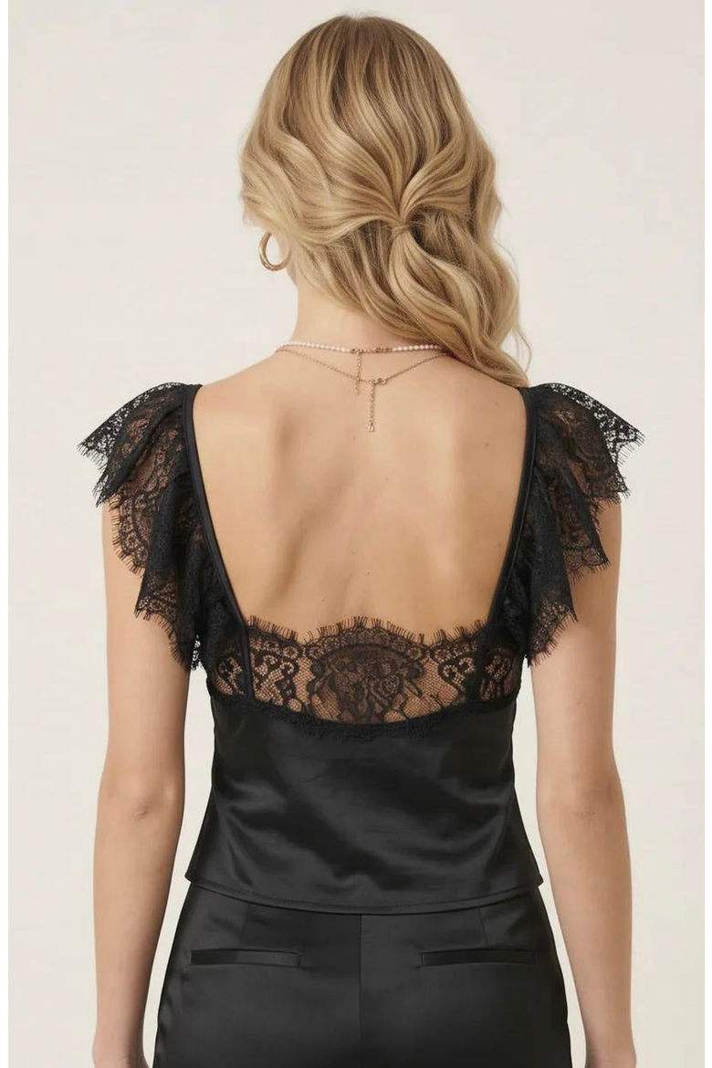 Lace Trim Satin Corset Top, Alternate, color, Black