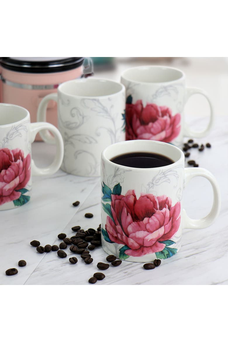 Peony 4 Piece 16 Ounce Fine Ceramic Mug Set in, Alternate, color, White and Pink