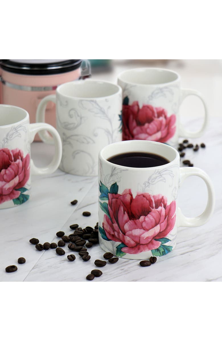 MARTHA STEWART Peony 4 Piece 16 Ounce Fine Ceramic Mug Set in, Alternate, color, White And Pink