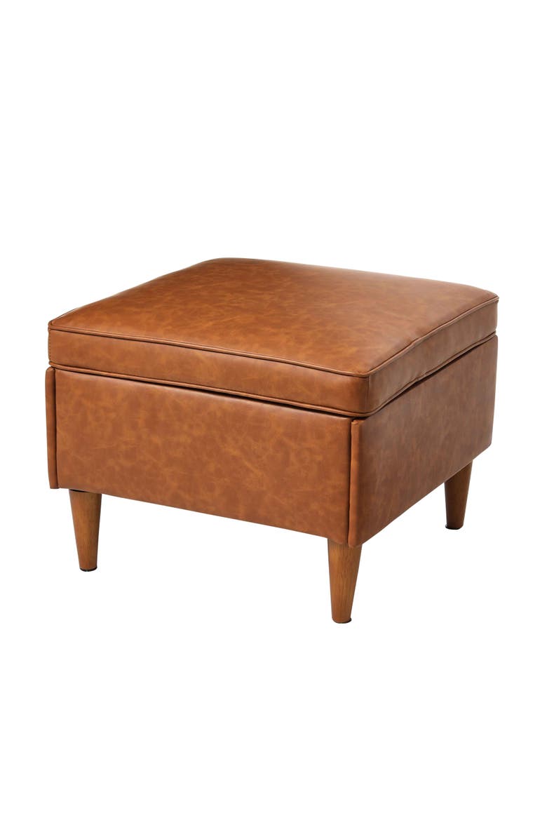 Storied Home Atley Upholstered Modern Ottoman with Storage and Solid Wood Legs, Cognac Vegan Leather, Main, color, Brown