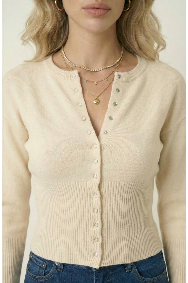 Fitted Pearlized Buttoned Ribbed Cardigan, Alternate, color, Ivory