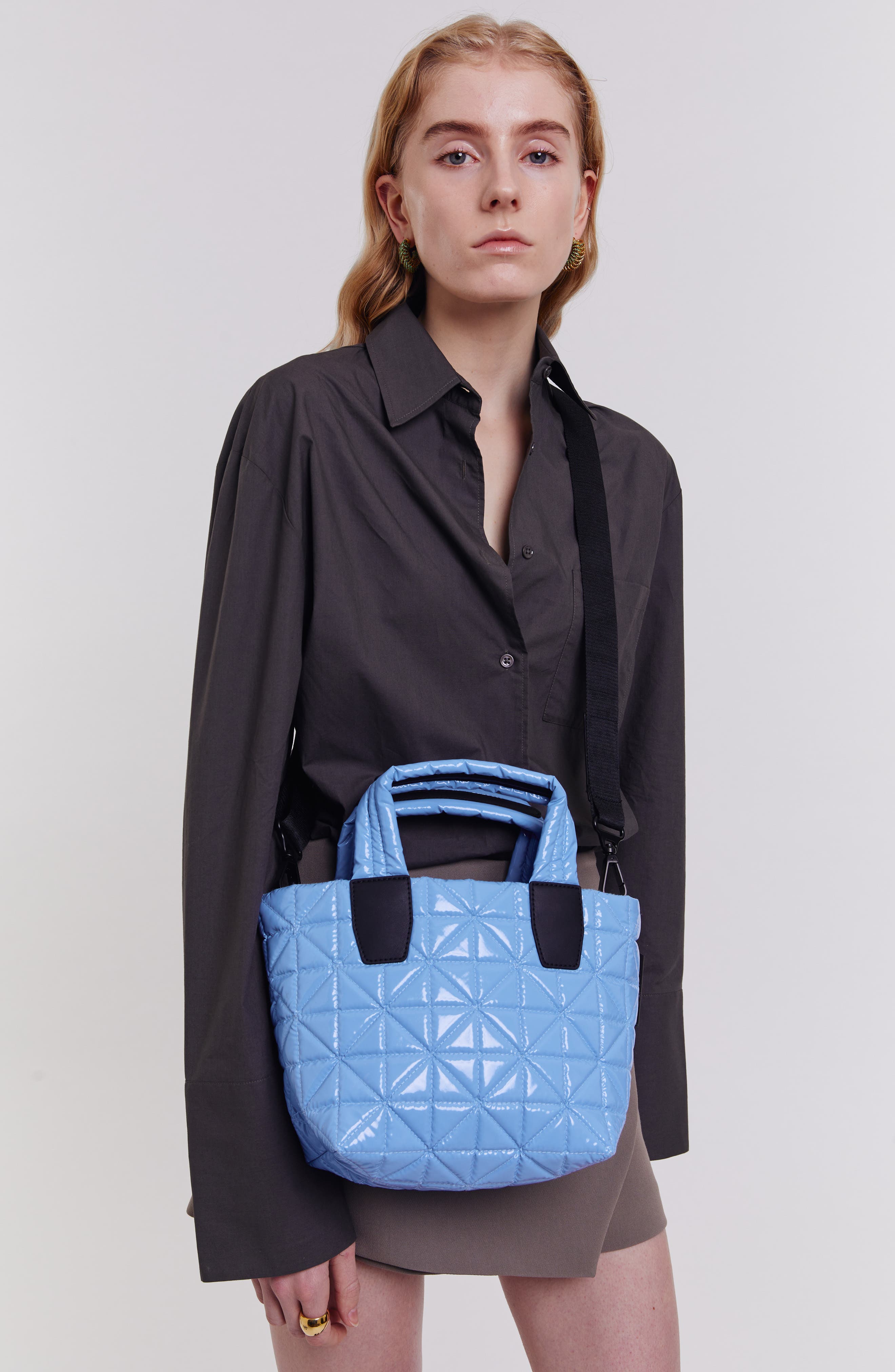 VeeCollective Mini Vee Water Repellent Quilted Nylon Tote, Alternate, color, Cerulean Vinyl
