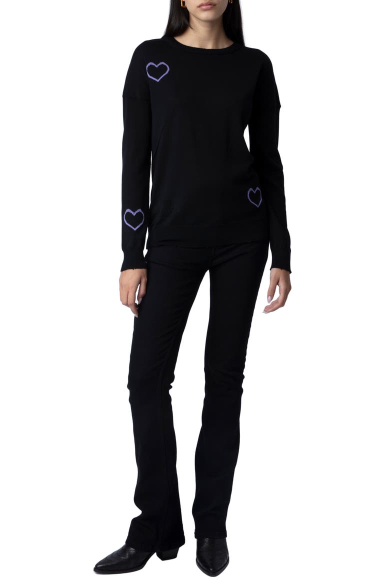 Gaby Intarsia Heart Wool Crewneck Sweater, Alternate, color, NOIR/ LAVENDE