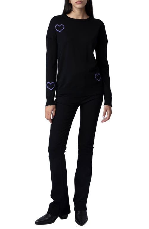 Zadig & Voltaire Gaby Intarsia Heart Wool Crewneck Sweater In Noir/lavende