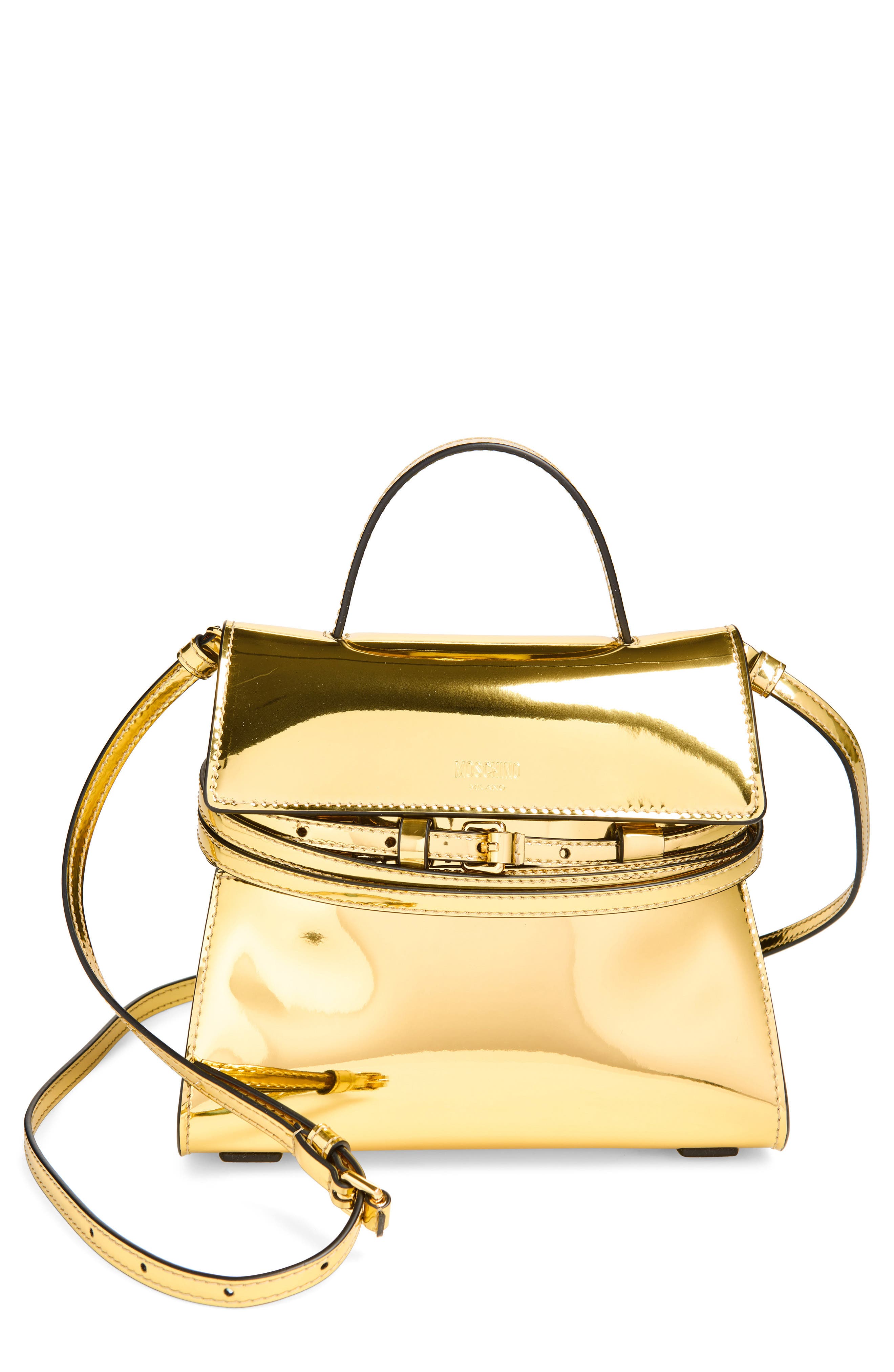 Moschino Tie Me Metallic Faux Leather Handbag, Main, color, Gold