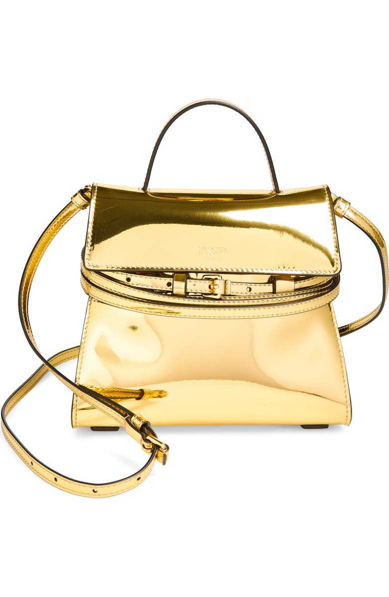 Moschino Tie Me Metallic Faux Leather Handbag, Main, color, Gold