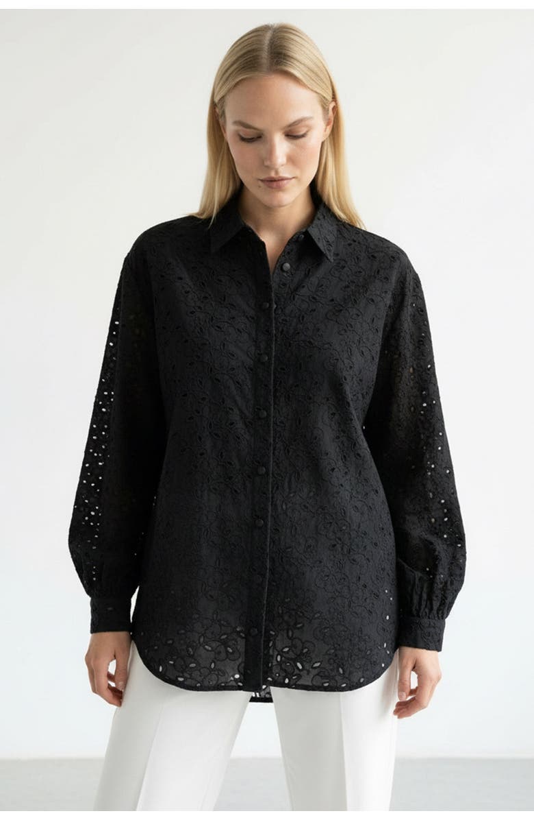 Exquise Long Sleeve Broderie Anglaise Shirt, Alternate, color, Black
