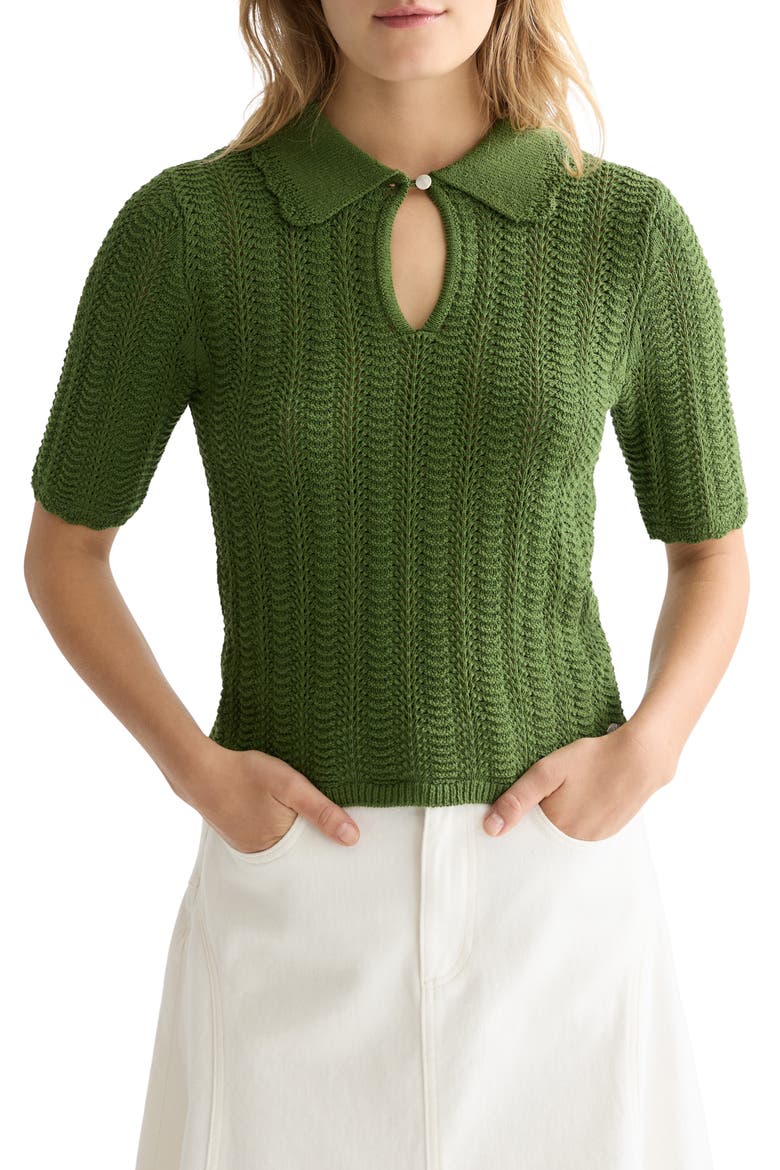 Pointelle Short Sleeve Cotton Blend Sweater, Main, color, GARDEN GREEN
