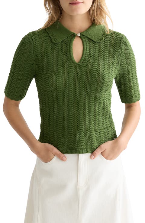 Pointelle Short Sleeve Cotton Blend Sweater