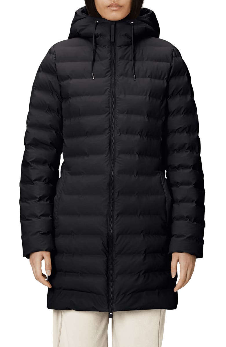 Rains Lohja Curve Waterproof Long Puffer Jacket, Main, color, Black