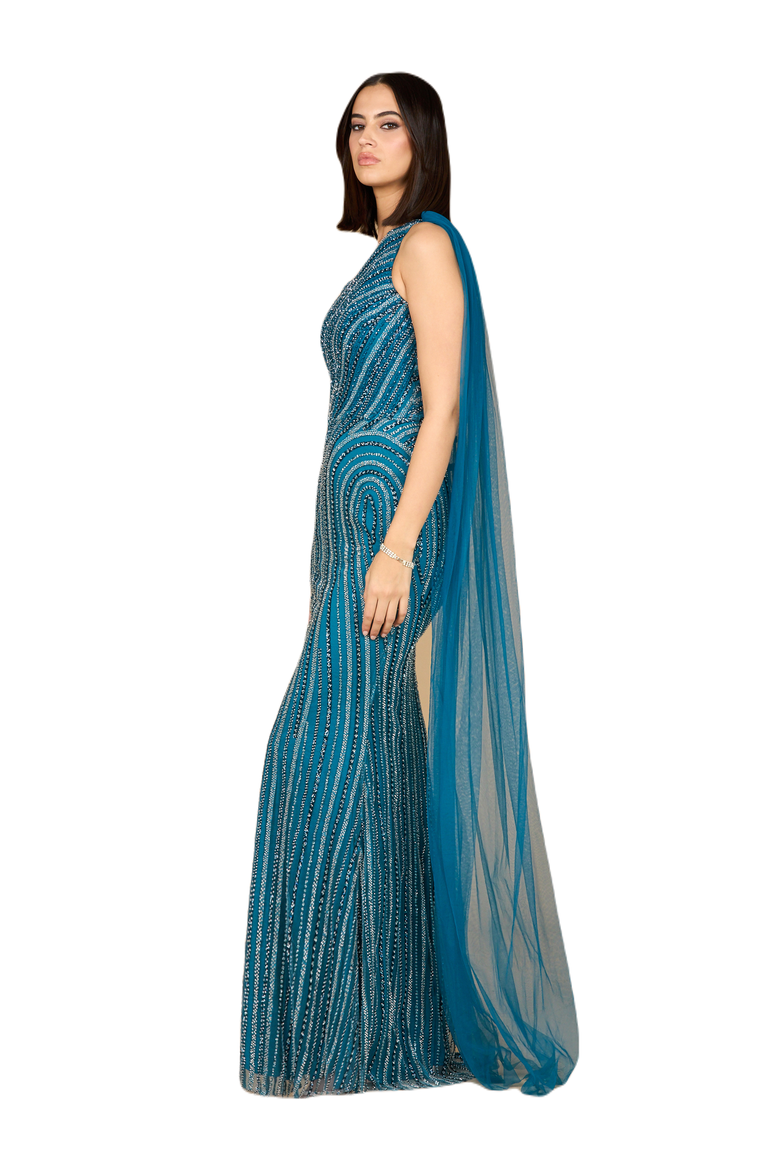 One Shoulder Fitted Gown, Alternate, color, Dark Blue