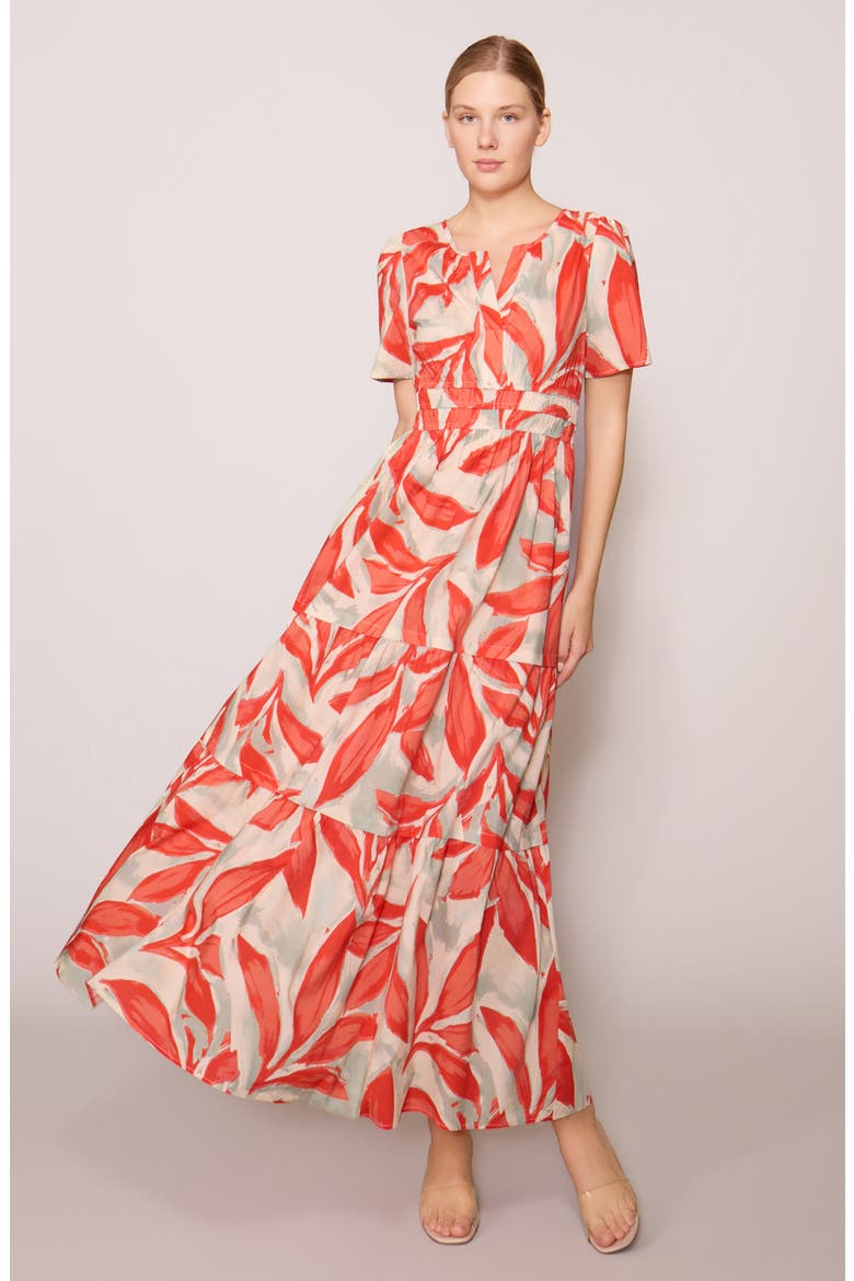 Short Sleeve Tiered Maxi Dress, Alternate, color, BONE CAMELIA LEAF