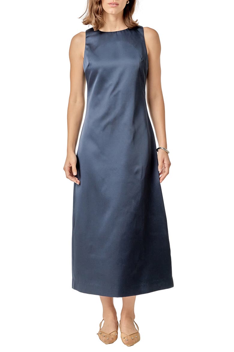 Sleeveless Satin Midi Dress, Main, color, NAVY