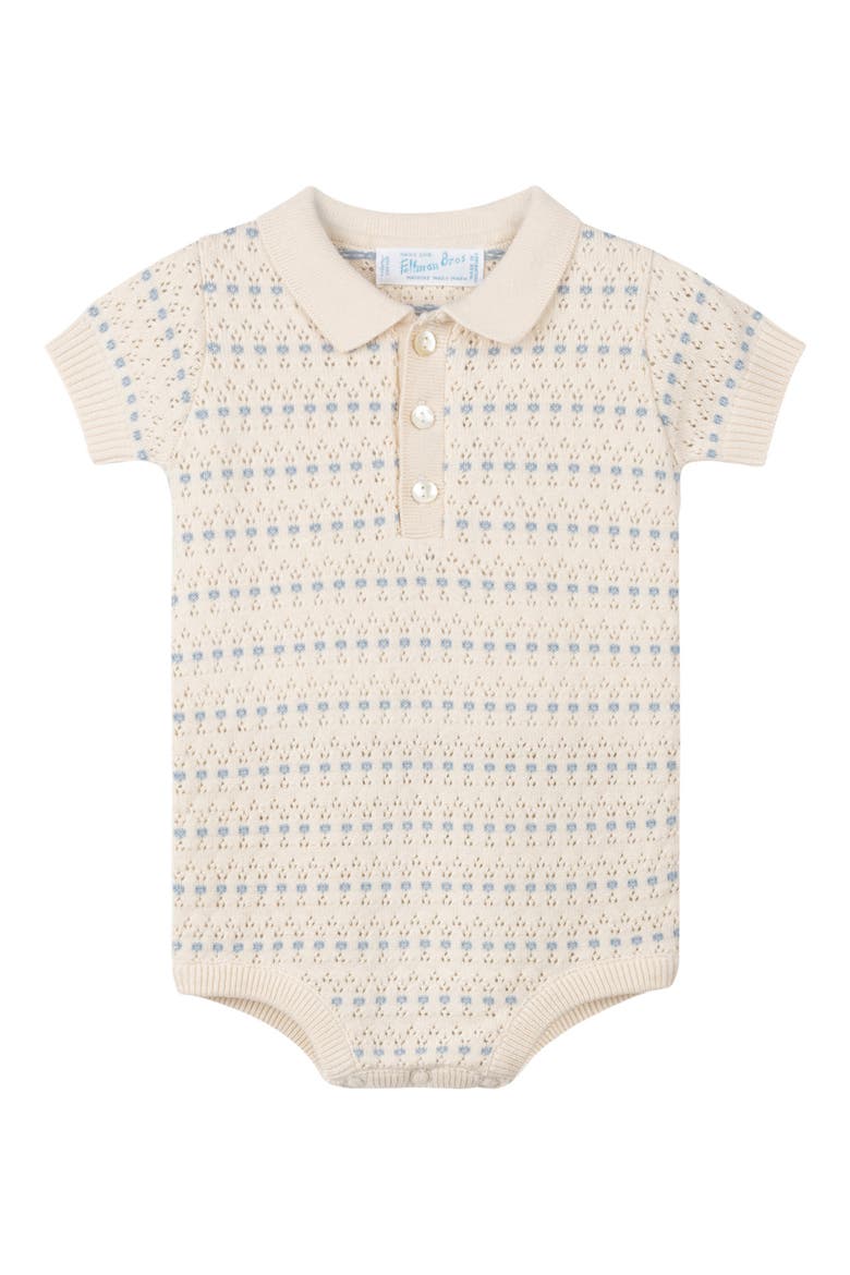 Floral Jacquard Pointelle Knit Cotton Polo Bodysuit, Main, color, ECRU/ V BLUE