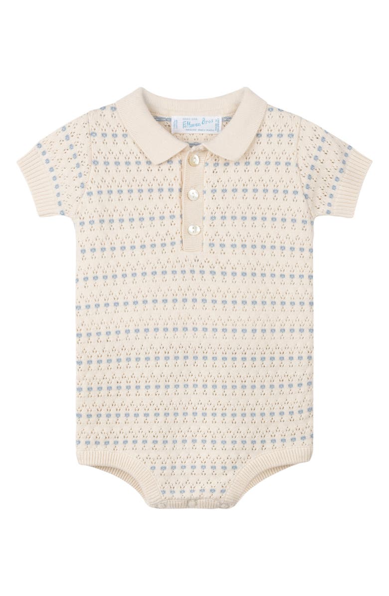 Feltman Brothers Floral Jacquard Pointelle Knit Cotton Polo Bodysuit, Main, color, Ecru/ V Blue