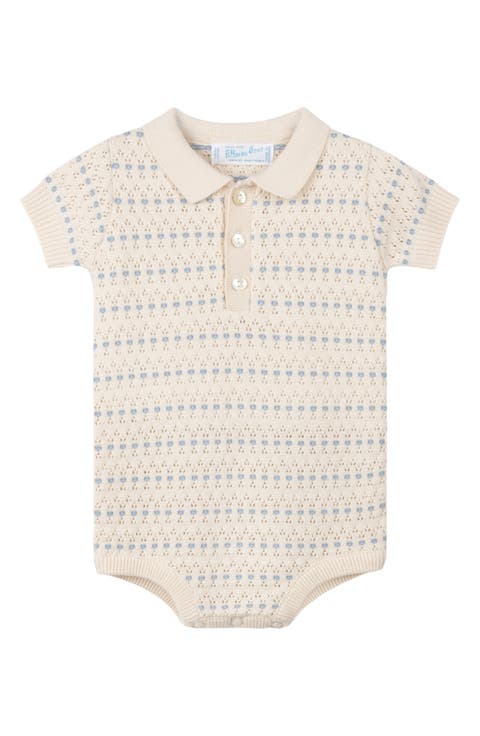 Floral Jacquard Pointelle Knit Cotton Polo Bodysuit (Baby)