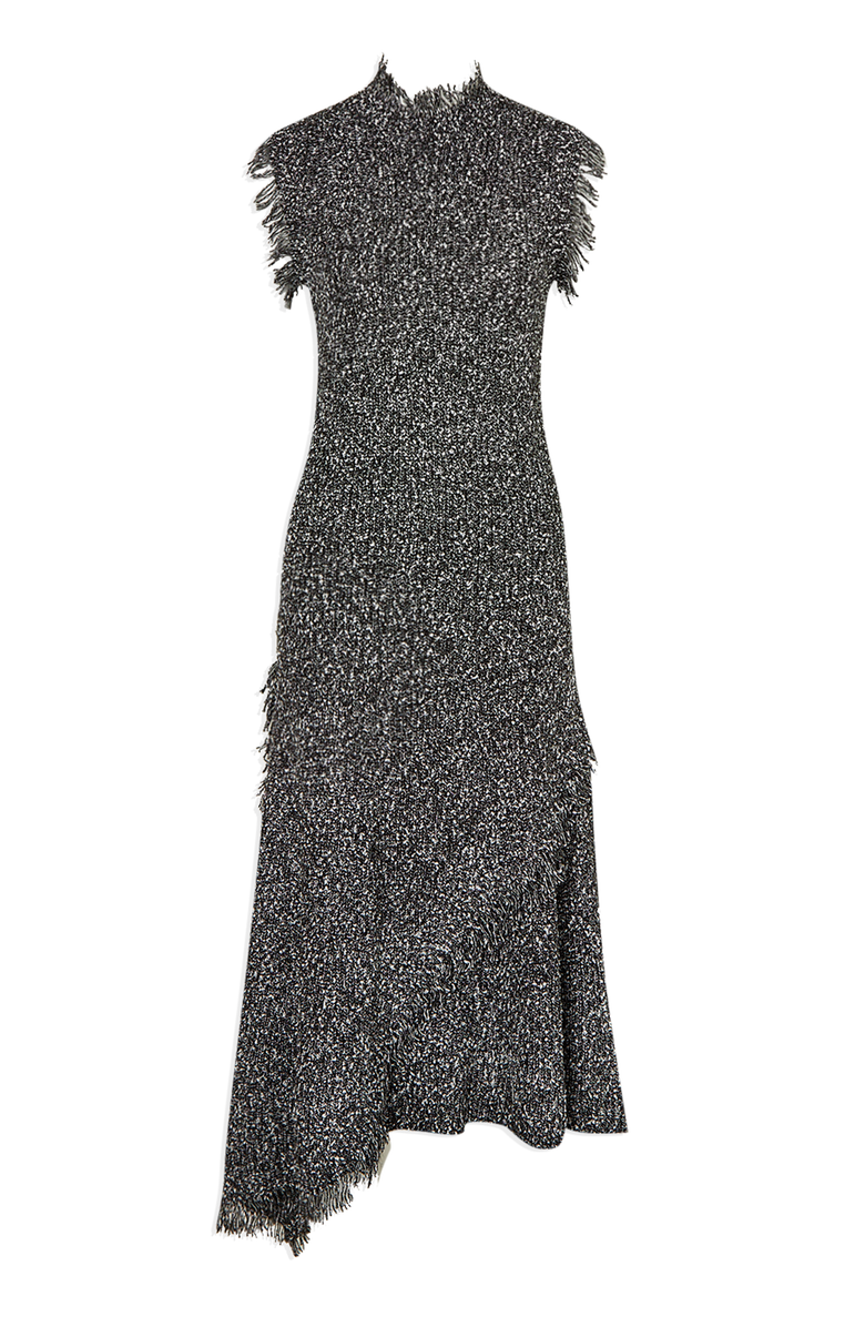 Karen Millen Tweed Yarn Fringe Trim Knitted Dress, Alternate, color, Black