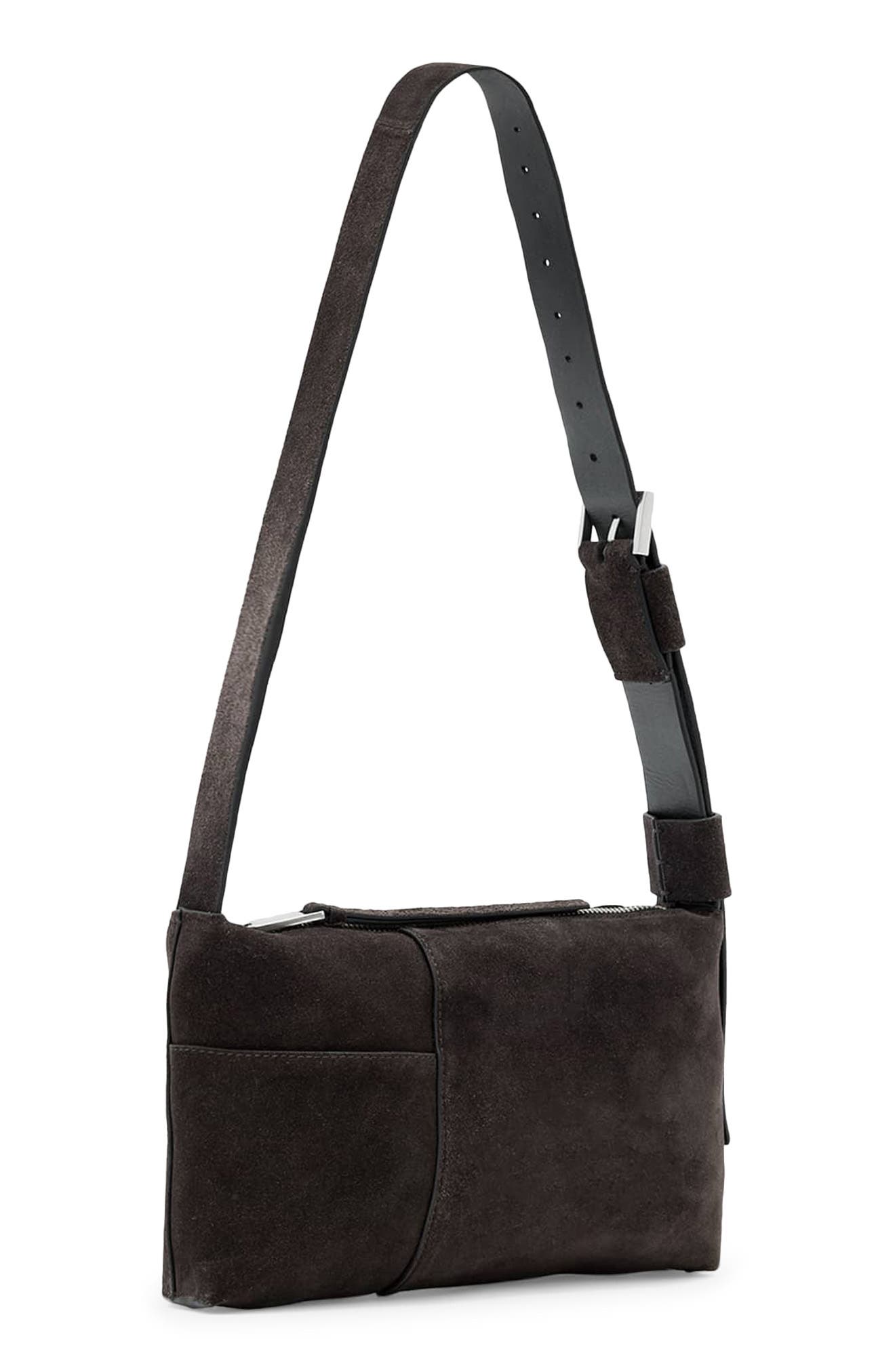 AllSaints Small Alba Zip Suede Crossbody Bag, Alternate, color, Bitter Brown