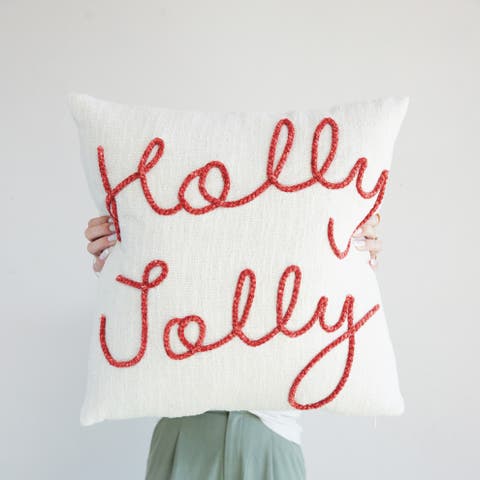 Holly Jolly Embroidered Cotton Pillow