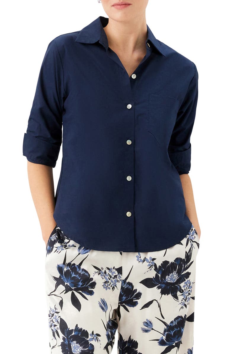 Karen Kane Ruched Sleeve Cotton Button-Up Shirt, Main, color, Navy